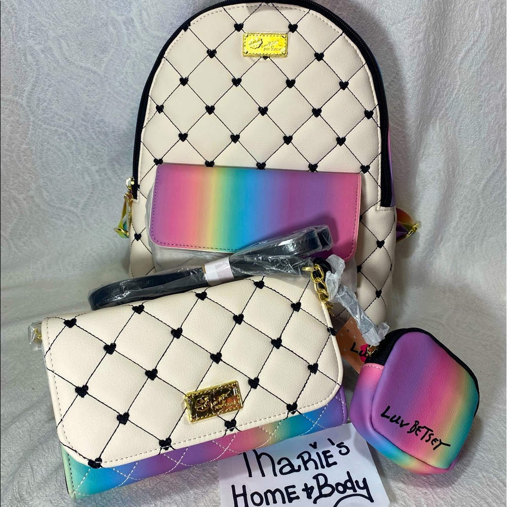 Betsey Johnson Luv Crossbody coin purse back pack 3pc bag set Rainbow Womans NWT